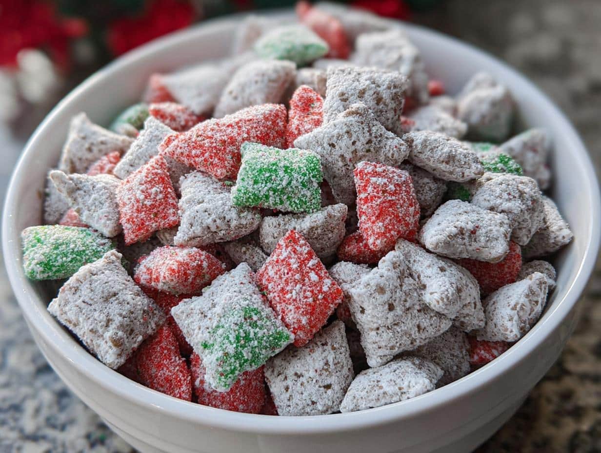 A white bowl filled with colorful Christmas Puppy Chow pieces coated in powdered sugar, featuring red, green, and white colors.