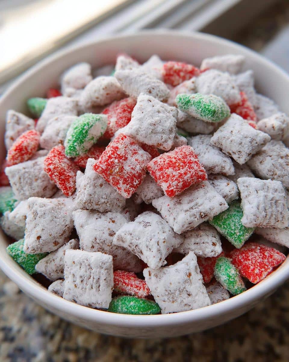 Close-up of a white bowl filled with Christmas Puppy Chow featuring white powdered sugar coated pieces mixed with red and green colored pieces.