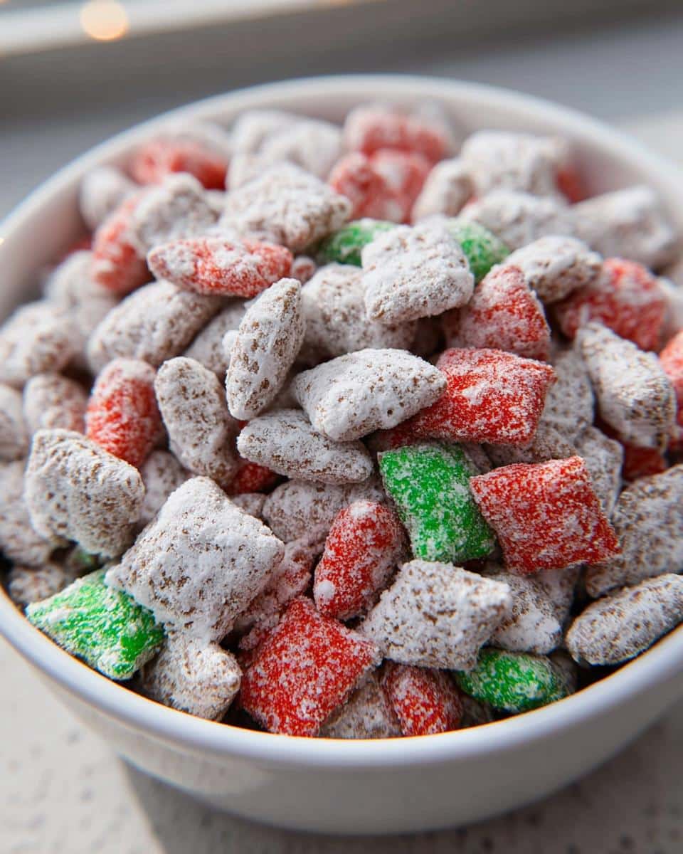 Close-up of Christmas Puppy Chow coated in powdered sugar, mixed with red and green colored pieces, in a white bowl.