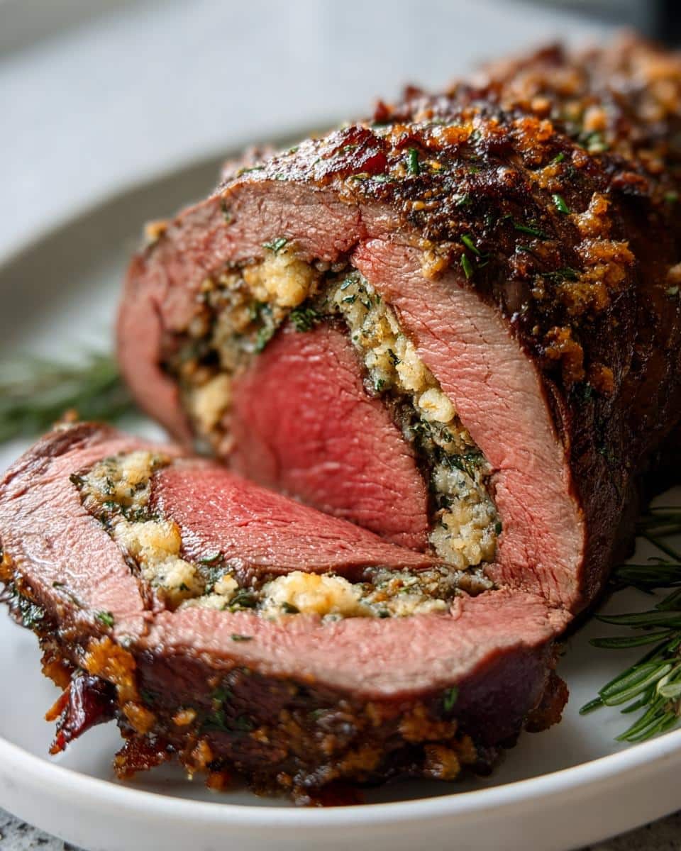 Cross-section of a perfectly cooked Christmas Stuffed Beef Tenderloin showing a medium-rare center and savory herb stuffing.