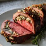 Close-up of a perfectly cooked Christmas Stuffed Beef Tenderloin, showing a medium-rare center and herb/cheese stuffing.