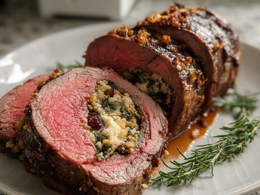 Close-up of sliced Christmas Stuffed Beef Tenderloin, showing medium-rare pink center and savory stuffing.