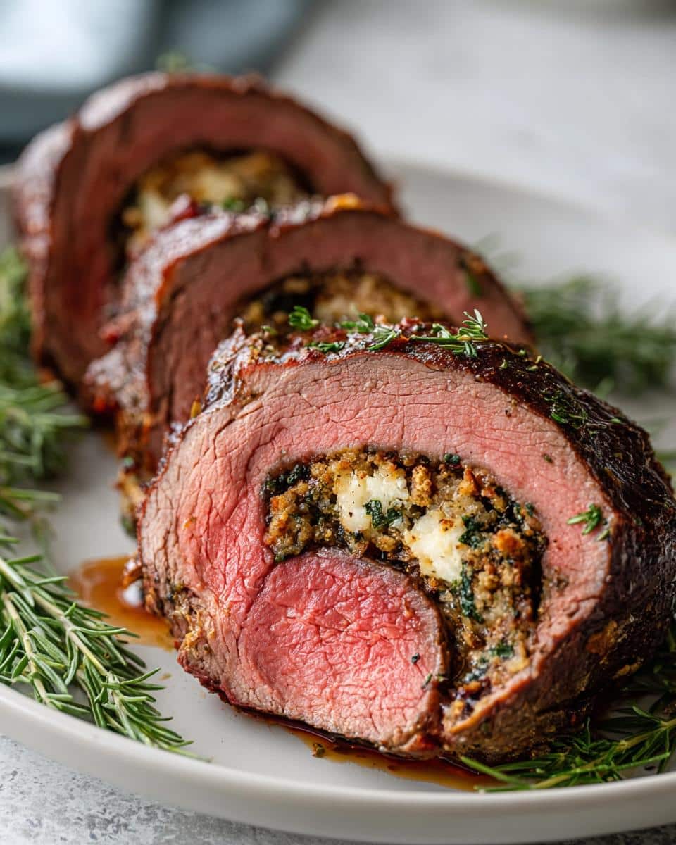 Close-up of sliced Christmas Stuffed Beef Tenderloin, showing medium-rare pink center and savory stuffing.