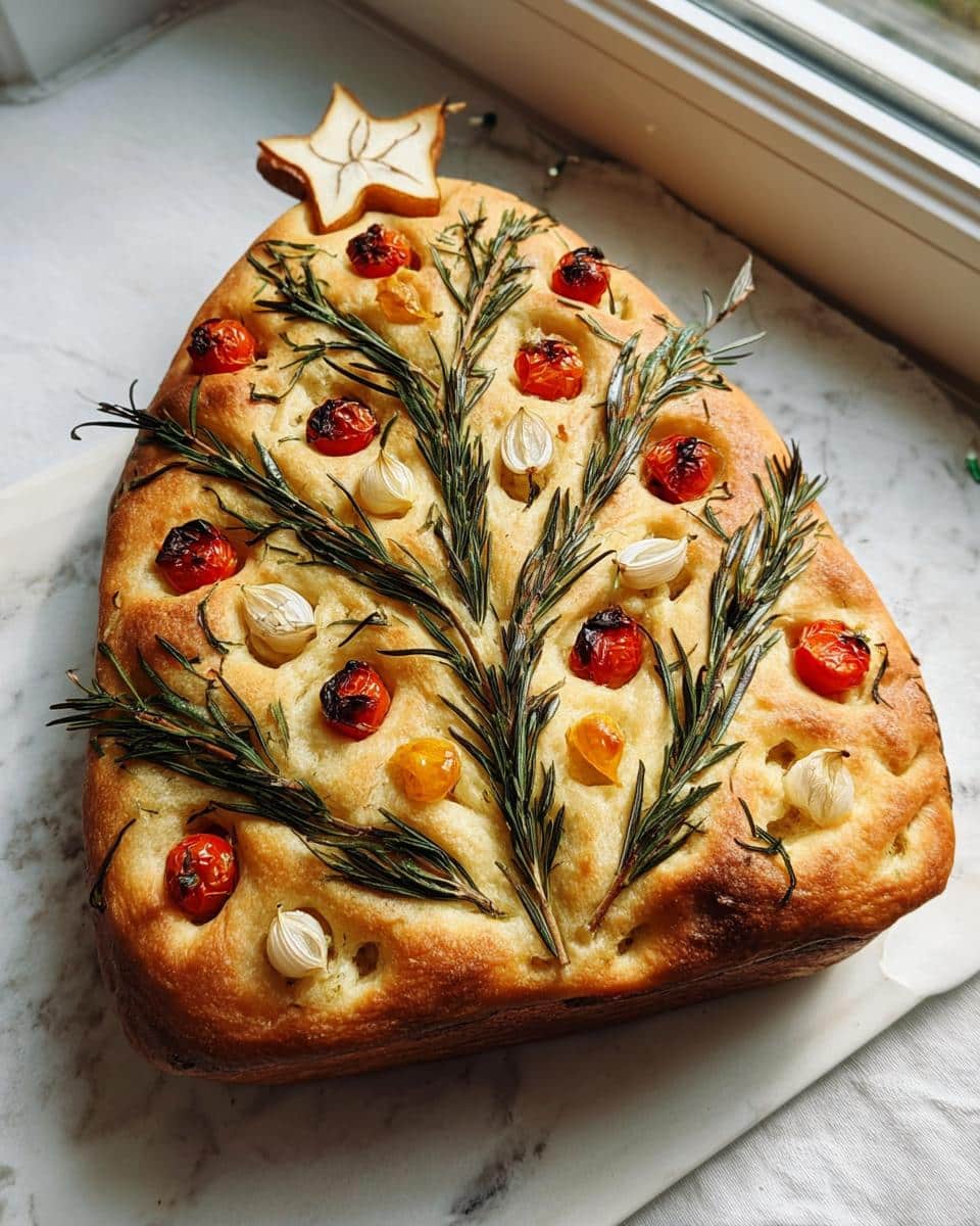 A baked Christmas Tree Focaccia Bread decorated with rosemary branches, cherry tomatoes, and garlic cloves.