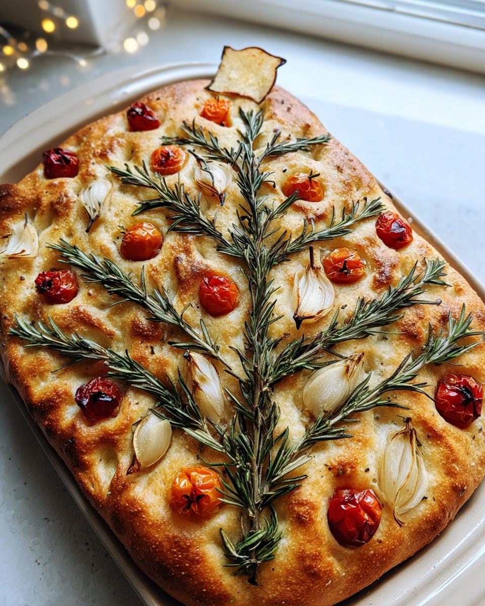 Golden baked Christmas Tree Focaccia Bread decorated with rosemary branches, roasted cherry tomatoes, and garlic cloves.