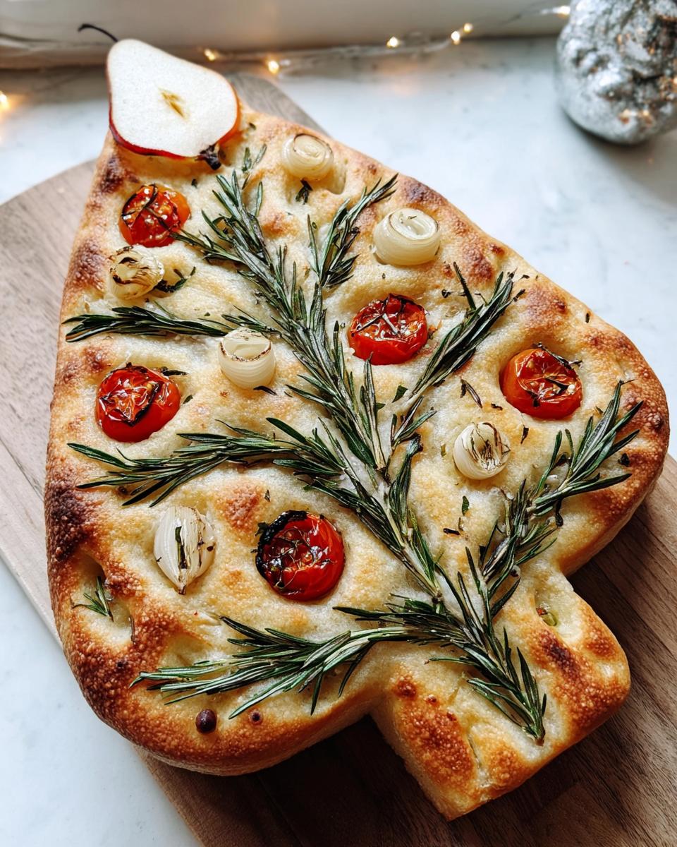 A baked Christmas Tree Focaccia Bread decorated with rosemary, cherry tomatoes, and pearl onions.