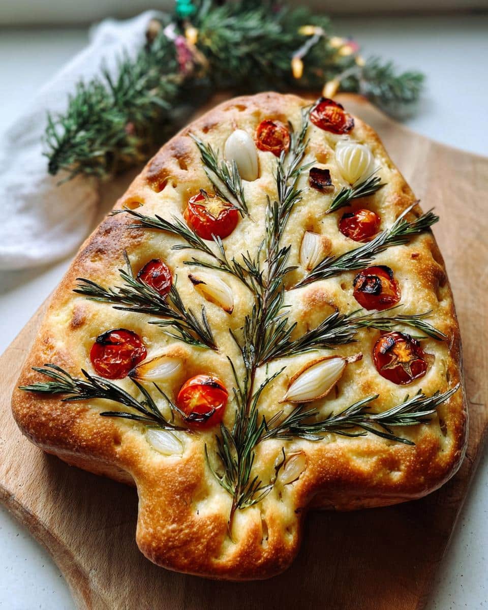 A freshly baked Christmas Tree Focaccia Bread decorated with rosemary branches, cherry tomatoes, and garlic cloves.