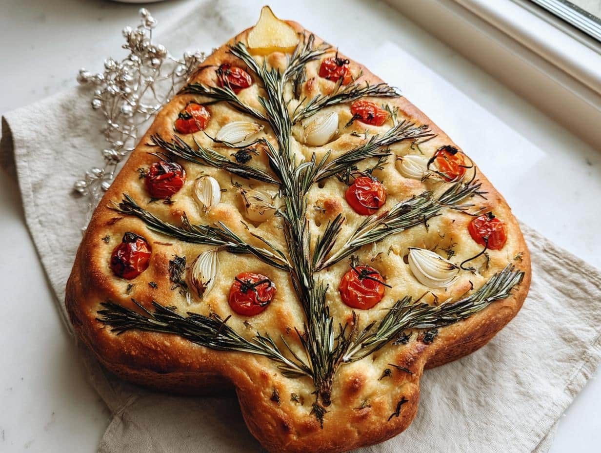 A golden-brown Christmas Tree Focaccia Bread decorated with rosemary branches, cherry tomatoes, and roasted garlic.