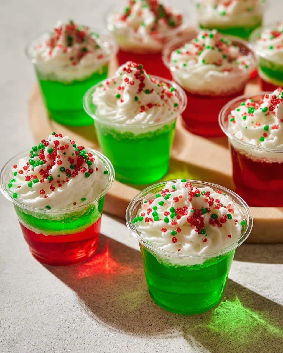 Close-up of festive Christmas Tree Jello Shots in clear cups, layered with red and green jello, topped with whipped cream and red and green sprinkles.