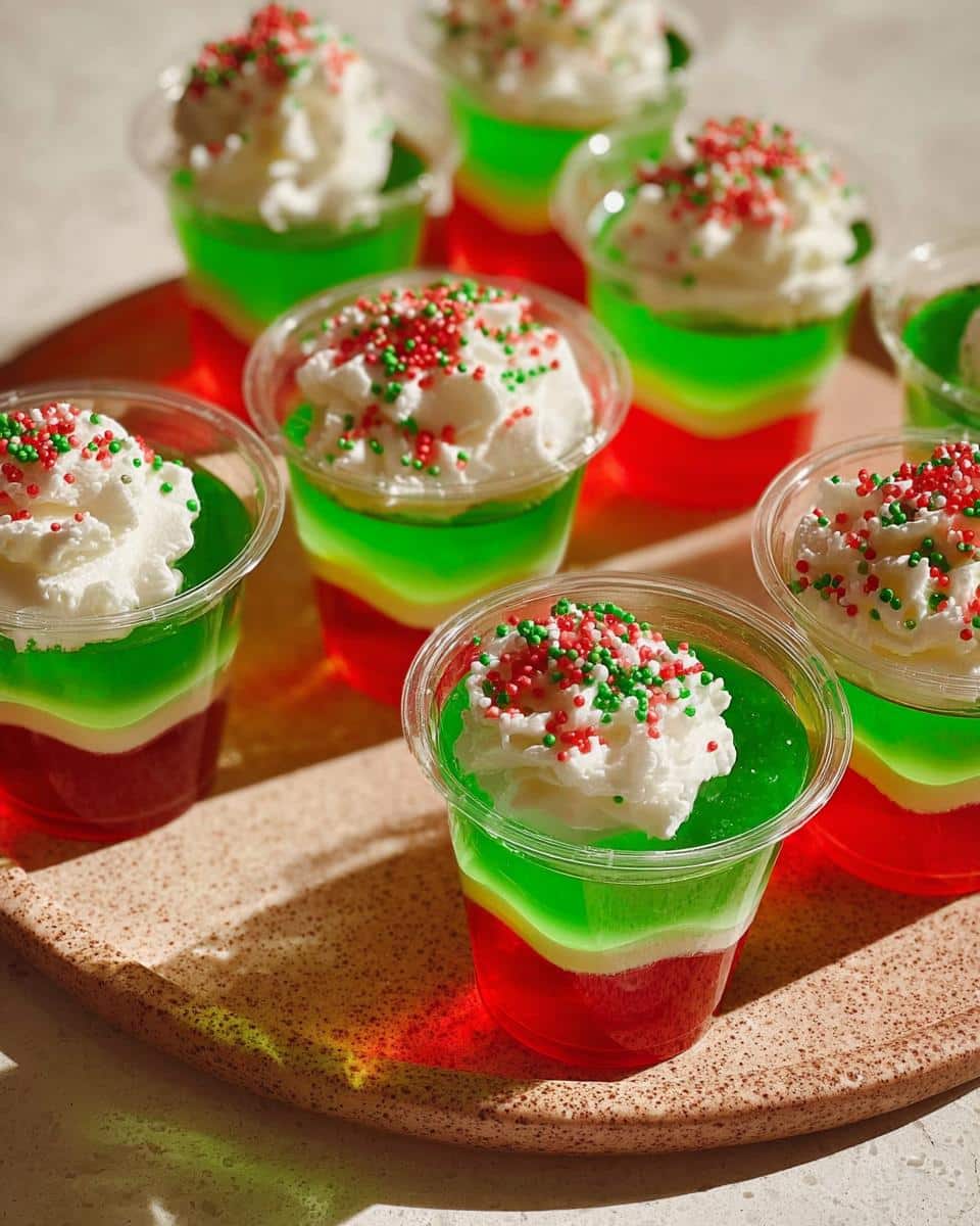 Close-up of layered Christmas Tree Jello Shots in clear cups, topped with whipped cream and festive sprinkles.