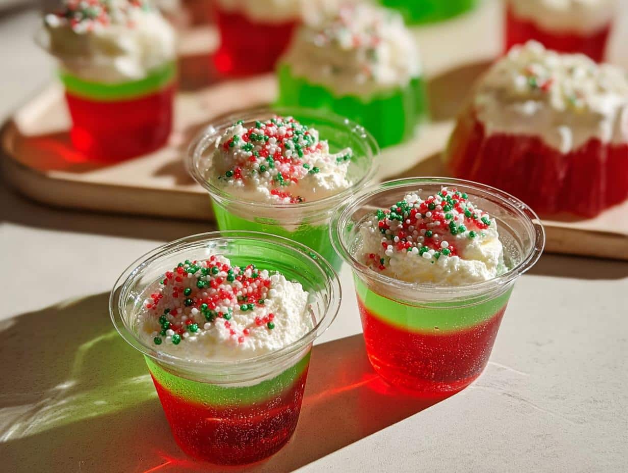 Close-up of festive Christmas Tree Jello Shots in clear cups, layered with red and green jello, topped with whipped cream and holiday sprinkles.