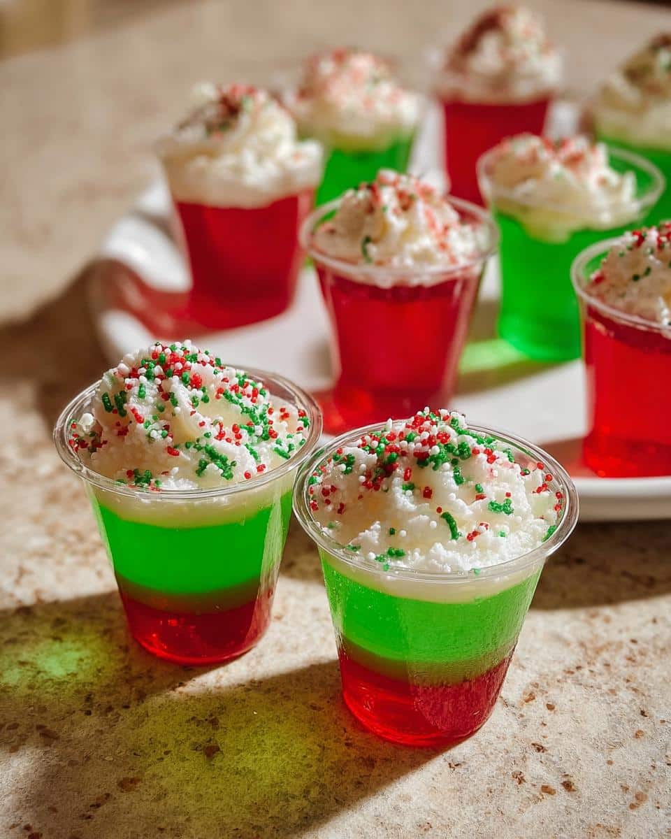 Close-up of layered Christmas Tree Jello Shots in red and green, topped with whipped cream and festive sprinkles.