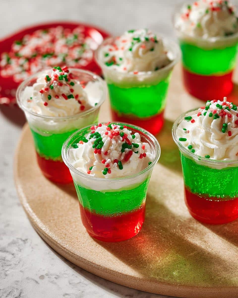 Close-up of layered Christmas Tree Jello Shots in clear cups, topped with whipped cream and festive sprinkles.