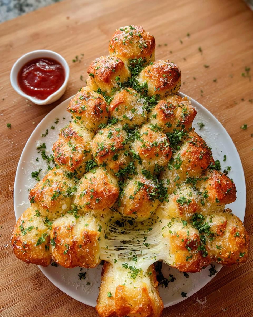 A golden-brown Christmas Tree Pull-Apart Bread made of cheesy garlic knots, garnished with parsley, with cheese stretching from the bottom piece.