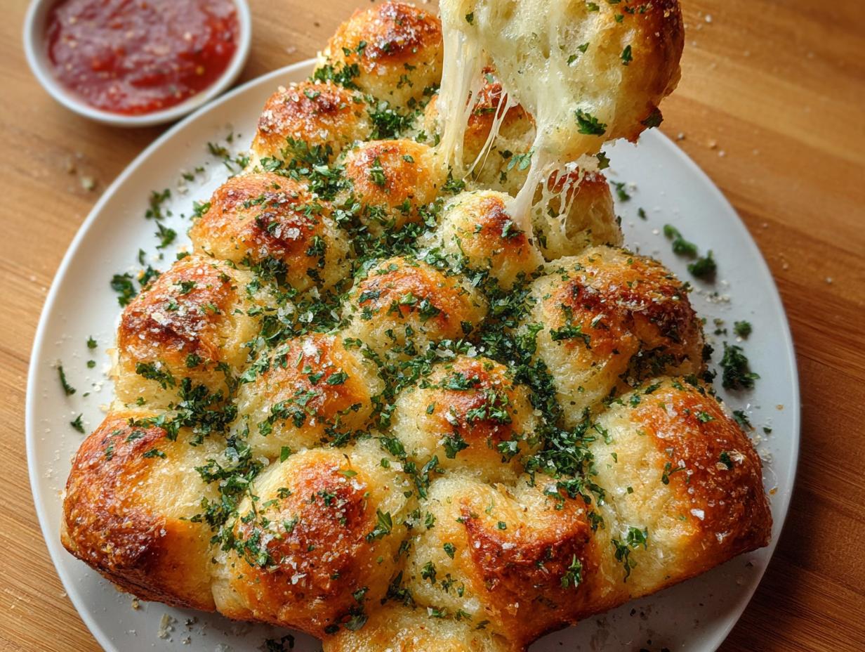 A golden-brown Christmas Tree Pull-Apart Bread being served, showing a dramatic cheese pull from one of the rolls.
