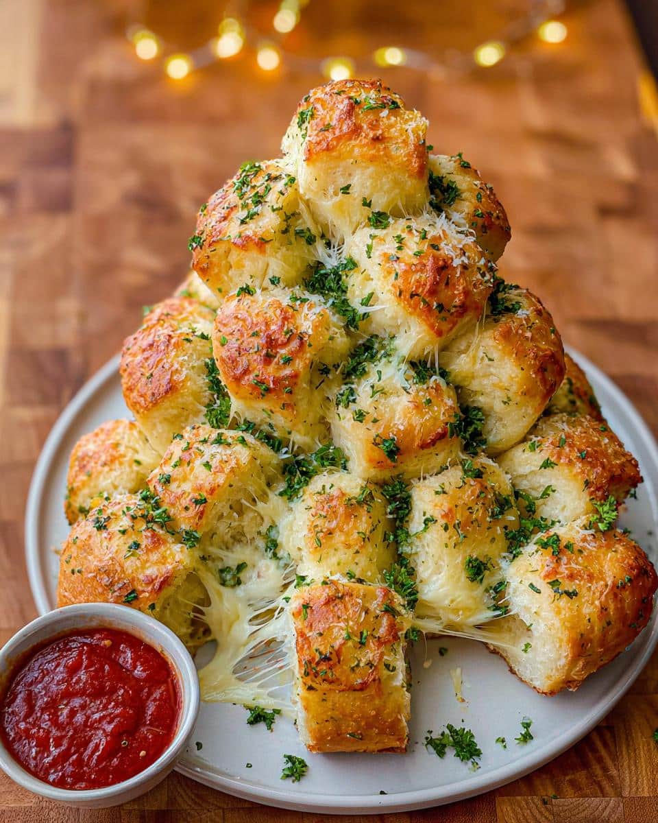 A tall, tree-shaped stack of cheesy Christmas Tree Pull-Apart Bread pieces, garnished with parsley, with cheese stretching as one piece is pulled.