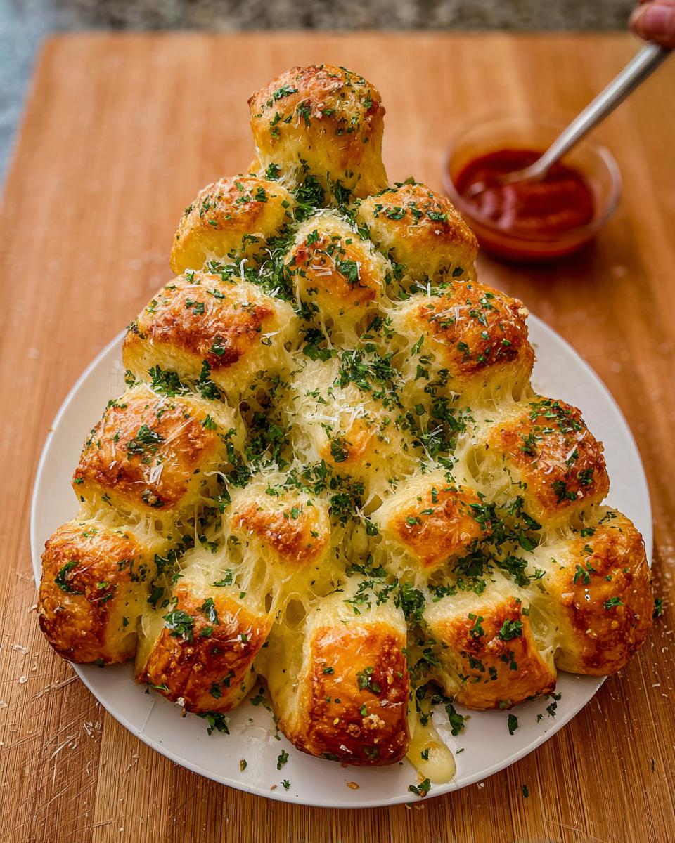 A golden-brown Christmas Tree Pull-Apart Bread, covered in melted cheese and fresh parsley, served on a white plate.