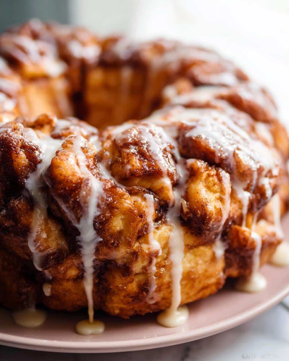 Close-up of a glistening Cinnamon Roll Monkey Bread drizzled with icing on a pink plate.