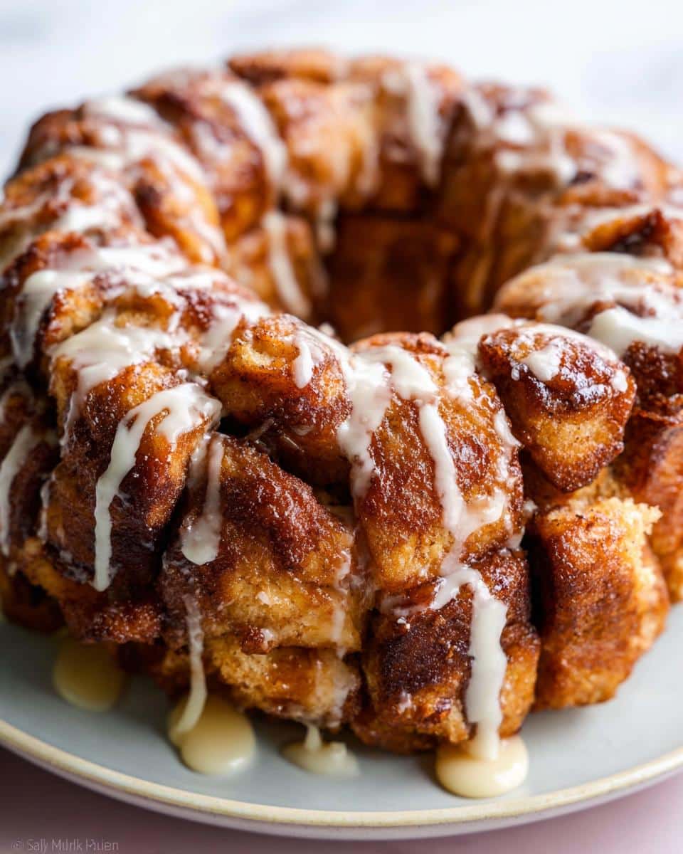 Close-up of a golden-brown Cinnamon Roll Monkey Bread drizzled with white icing on a light blue plate.