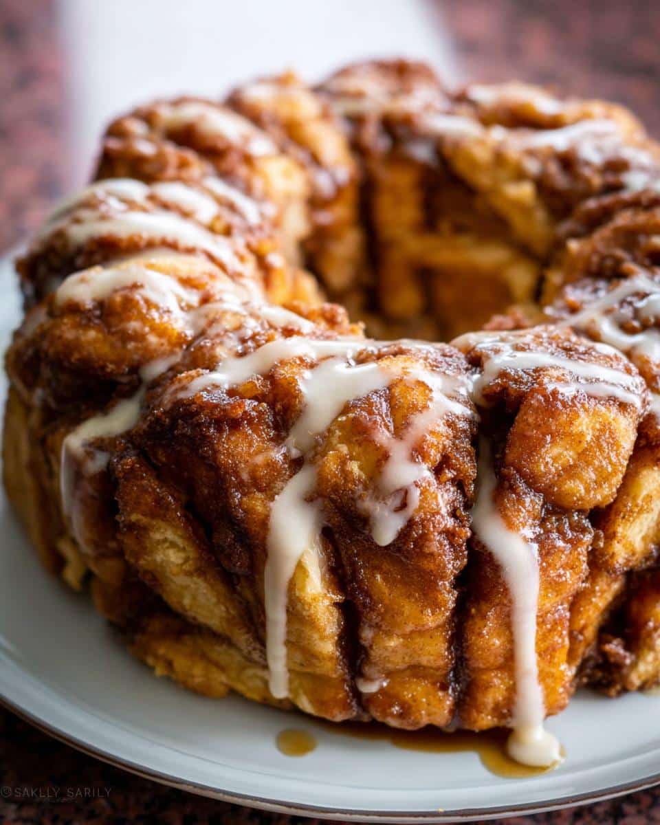 Close-up of a glistening Cinnamon Roll Monkey Bread drizzled with white icing on a white plate.