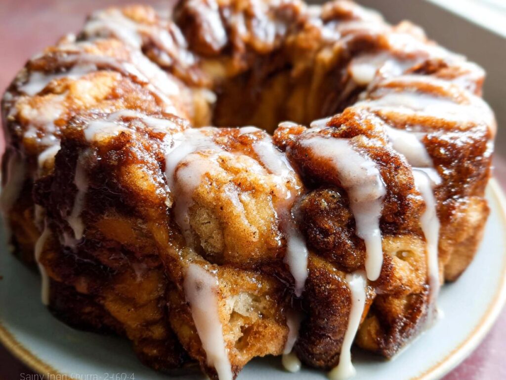 Close-up of a golden brown Cinnamon Roll Monkey Bread drizzled with white icing.