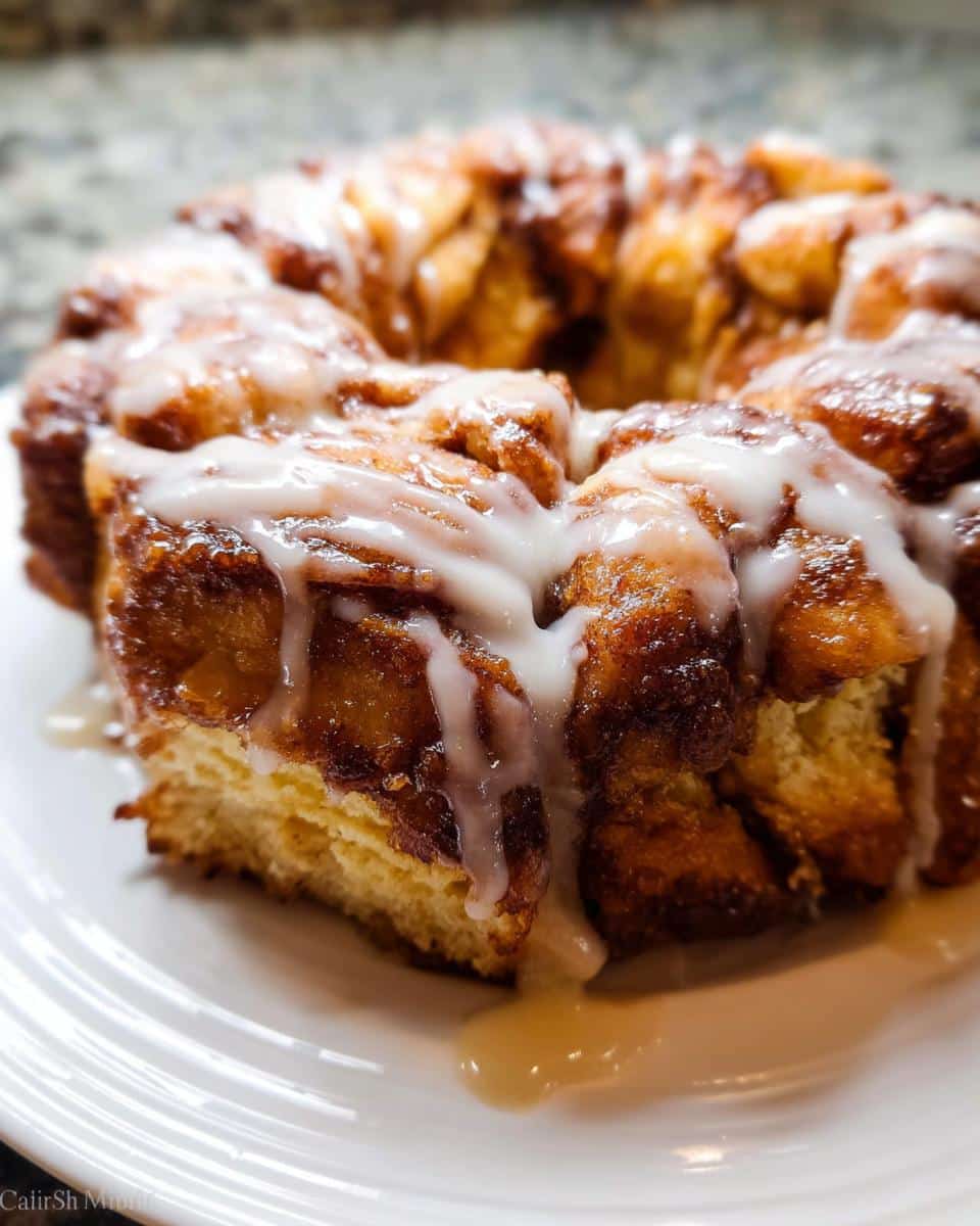 A close-up of a slice of gooey Cinnamon Roll Monkey Bread drizzled with white icing on a white plate.