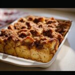 A close-up of a baked Cinnamon Streusel French Toast Casserole in a white baking dish, topped with a golden-brown streusel.