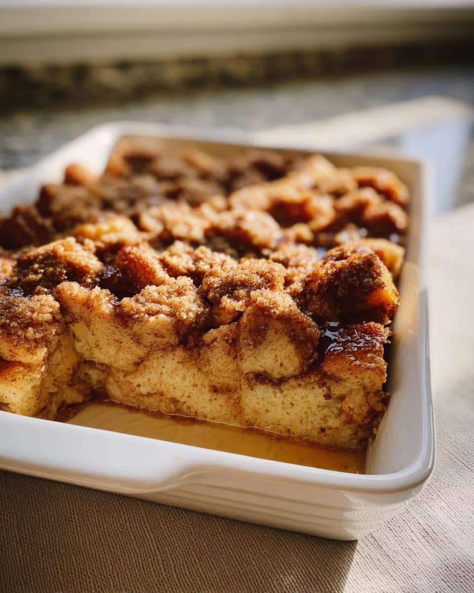 A close-up of a freshly baked Cinnamon Streusel French Toast Casserole in a white baking dish, with syrup pooling at the bottom.