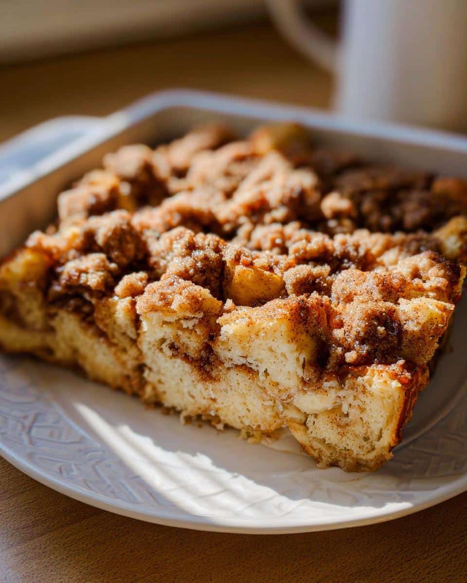 A slice of Cinnamon Streusel French Toast Casserole on a white plate, with a rich cinnamon streusel topping.
