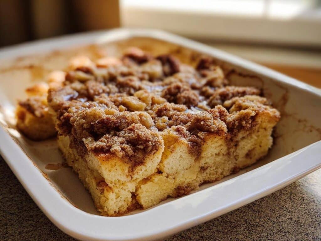 A slice of Cinnamon Streusel French Toast Casserole in a white baking dish, showing fluffy bread and a crumbly topping.