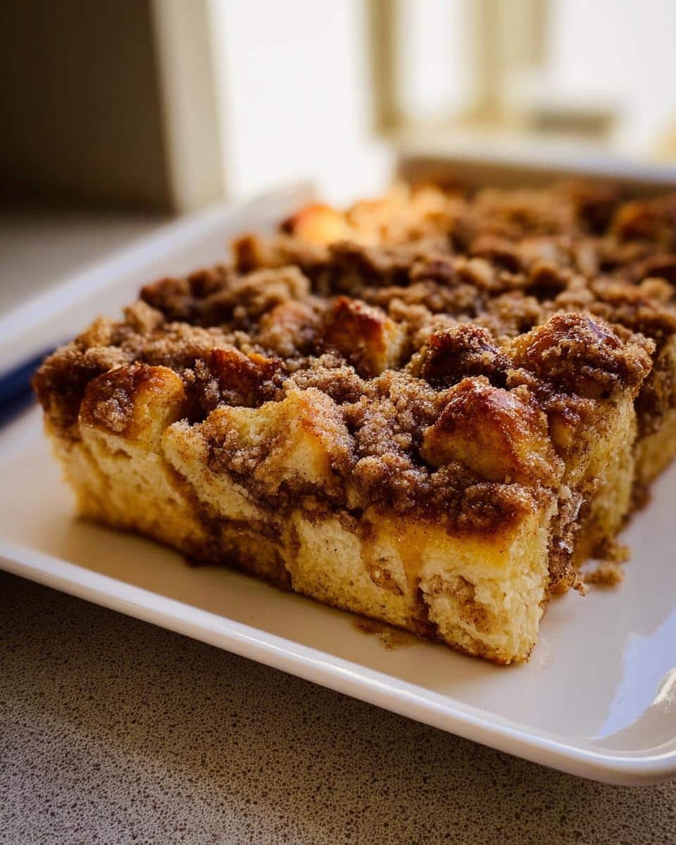A close-up of a slice of Cinnamon Streusel French Toast Casserole on a white plate, showing the fluffy bread and crumb topping.