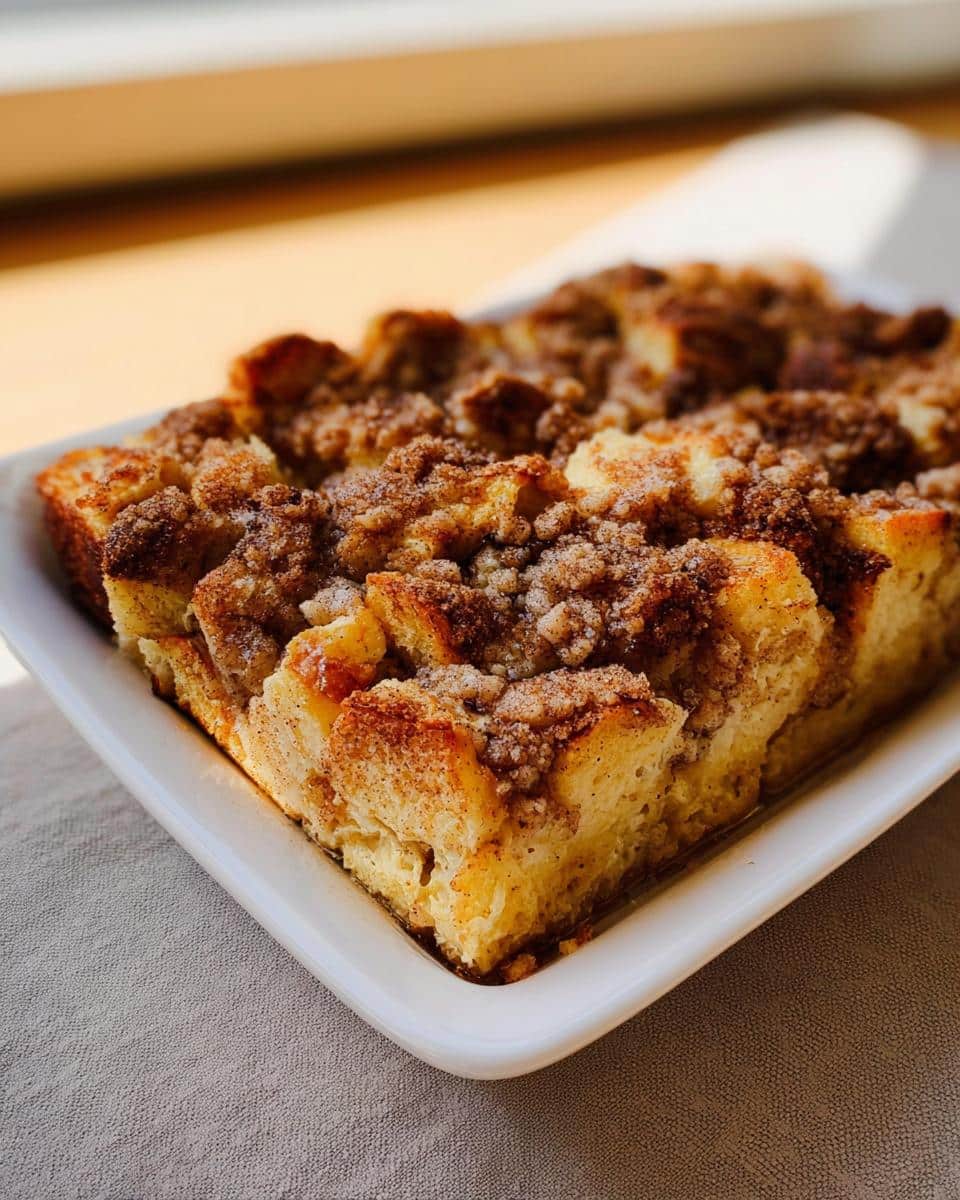 A close-up of a golden-brown slice of Cinnamon Streusel French Toast Casserole in a white dish.