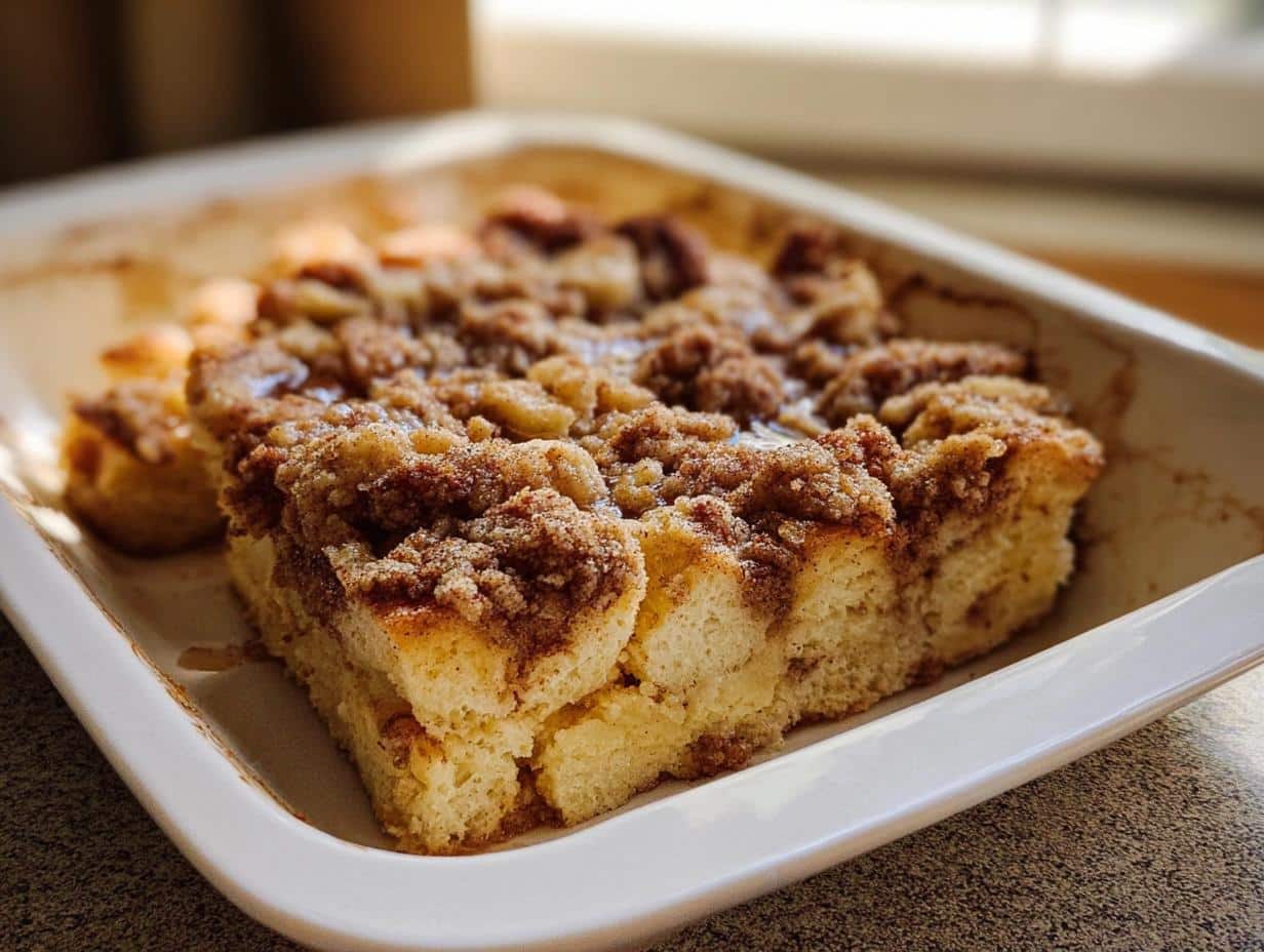 A slice of Cinnamon Streusel French Toast Casserole in a white baking dish, showing fluffy bread and a crumbly topping.