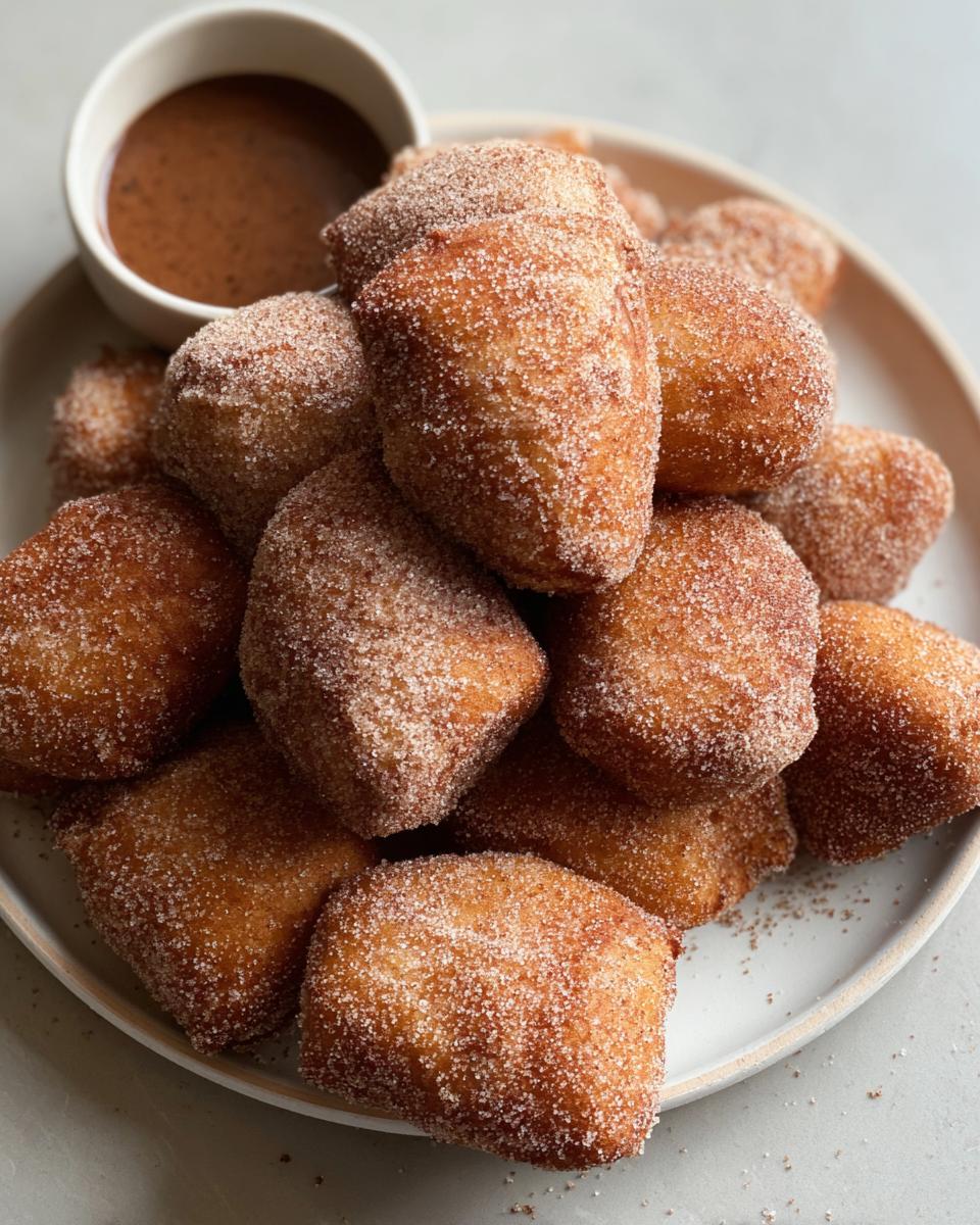 A pile of freshly fried Banana Bread Donut Holes coated in cinnamon sugar, served with a side of chocolate dipping sauce.