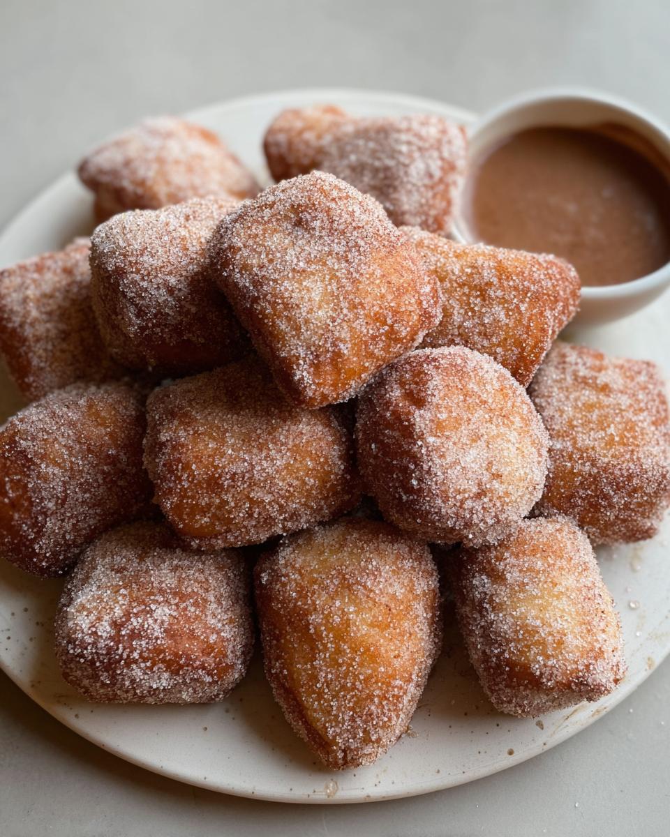 A pile of freshly fried Banana Bread Donut Holes coated in cinnamon sugar, served with a side of chocolate dipping sauce.