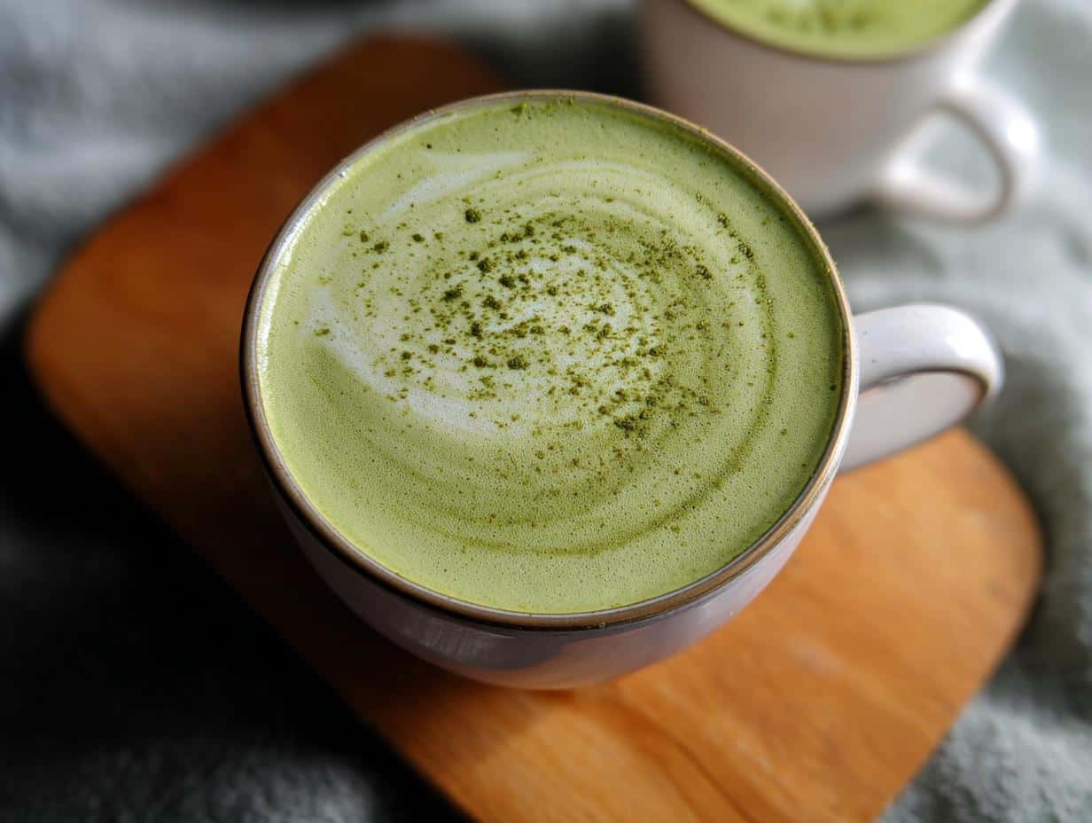 Close-up of a creamy Coconut Matcha Latte with frothy milk and a dusting of matcha powder.