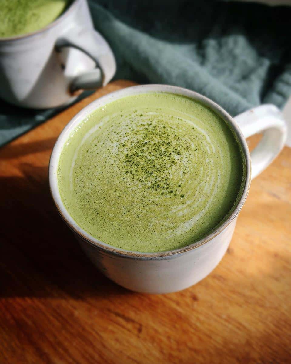 Close-up of a creamy Coconut Matcha Latte in a white mug, topped with matcha powder and foam.