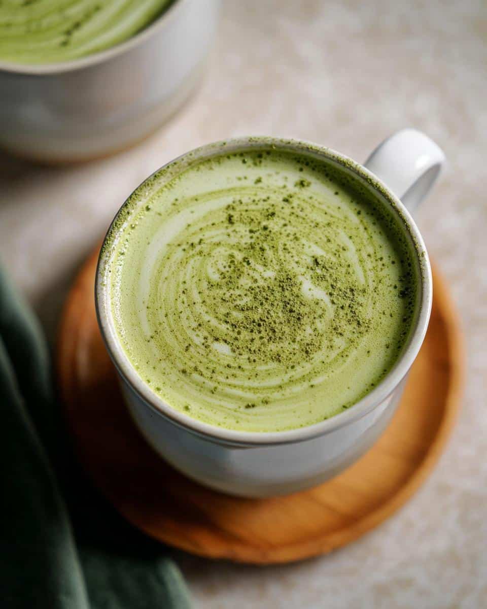 Close-up of a creamy Coconut Matcha Latte in a mug, with delicate green swirls and matcha powder dusting.