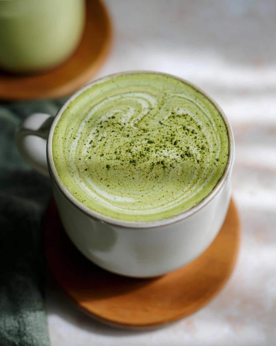 Close-up of a creamy Coconut Matcha Latte in a white mug, topped with matcha powder and latte art swirls.