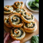 A stack of golden baked Cold Spinach Feta Pinwheels filled with dark green spinach and white feta cheese on a wooden board.