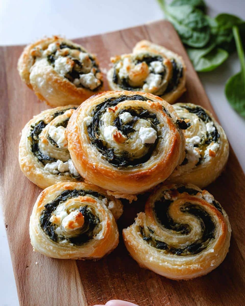 A close-up of several golden, flaky Cold Spinach Feta Pinwheels filled with dark green spinach and white feta cheese.