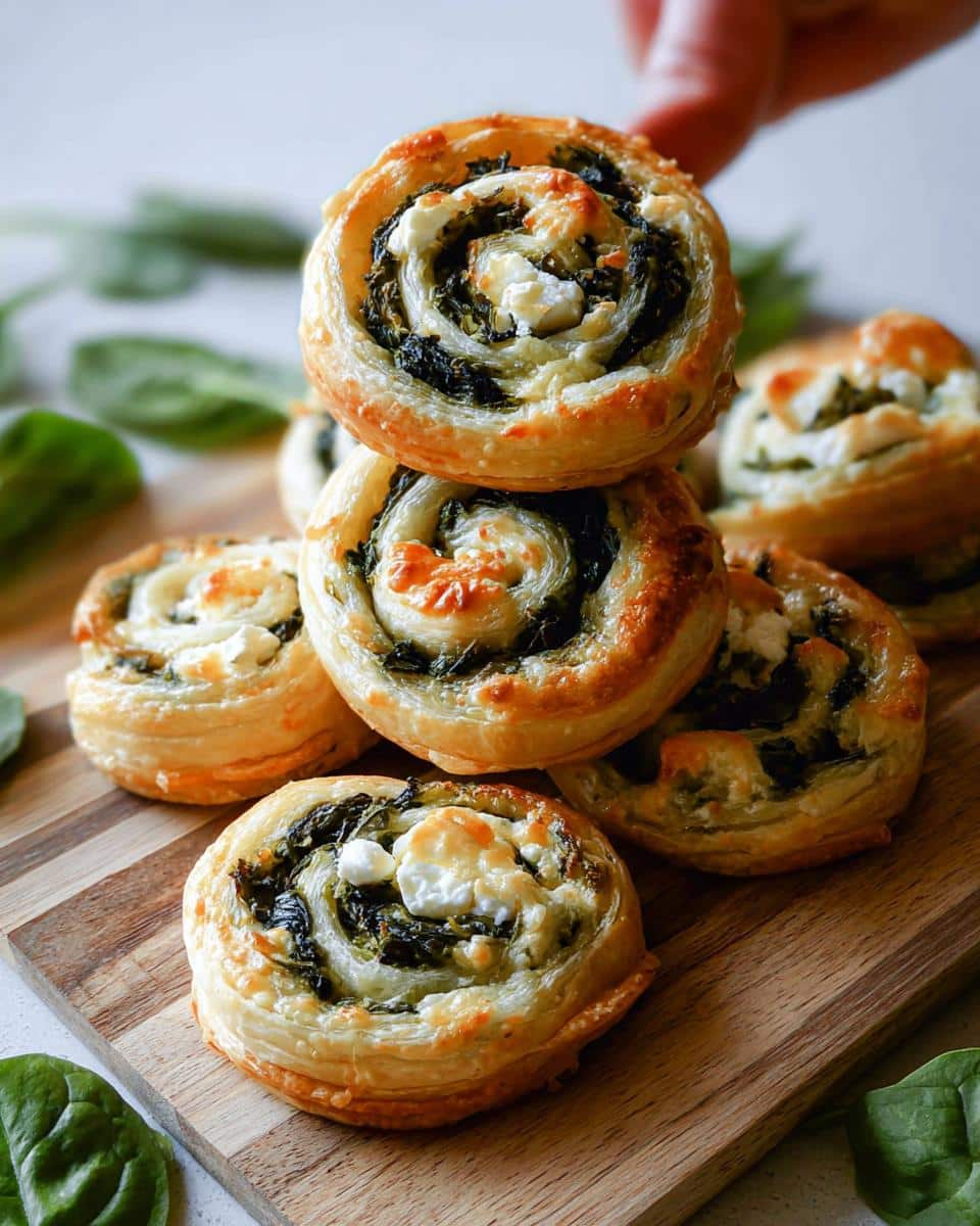 A stack of golden, flaky Cold Spinach Feta Pinwheels with visible feta cheese and spinach filling.