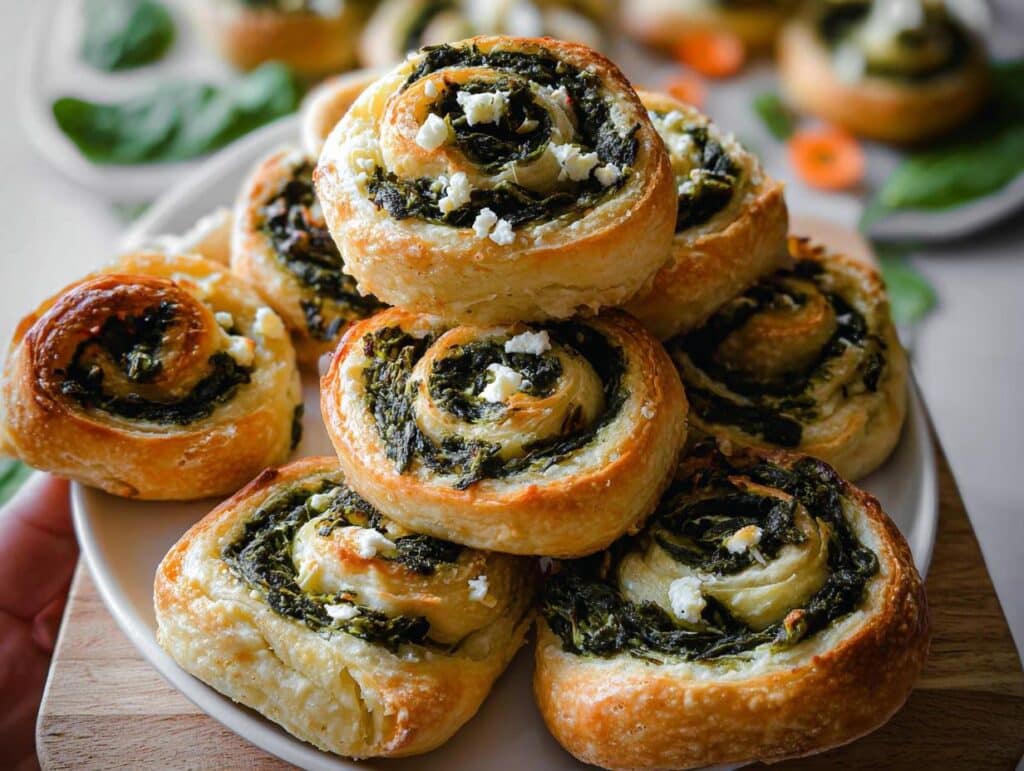 A stack of golden-brown Cold Spinach Feta Pinwheels filled with dark green spinach and white feta cheese.