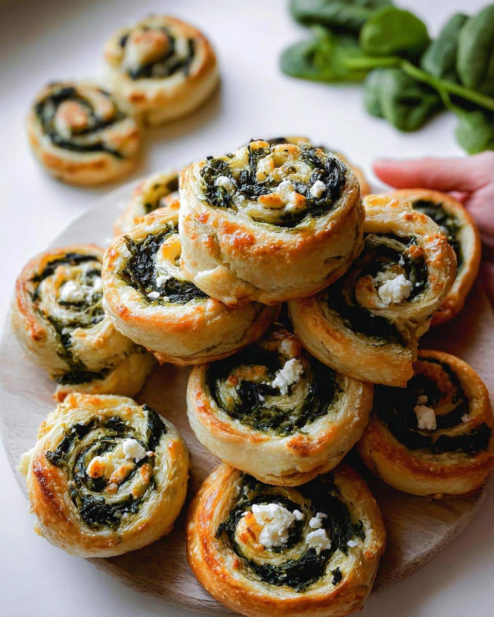 A close-up stack of golden-brown Cold Spinach Feta Pinwheels with visible feta cheese crumbles.