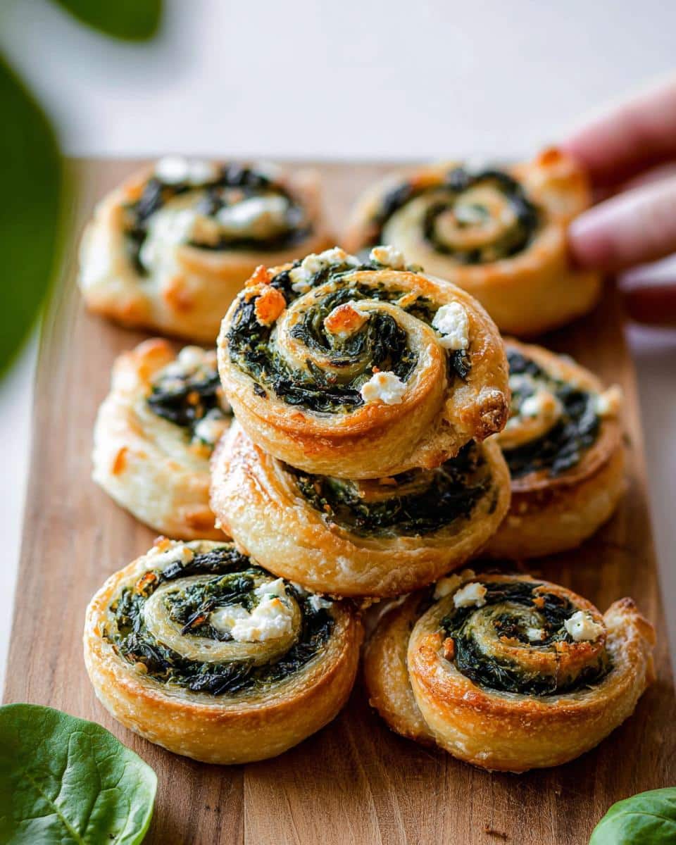 A stack of golden brown Cold Spinach Feta Pinwheels topped with crumbled feta cheese on a wooden board.