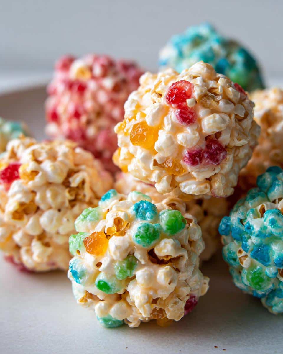 Close-up of several colorful No-Bake Marshmallow Popcorn Balls mixed with fruity candies on a white surface.