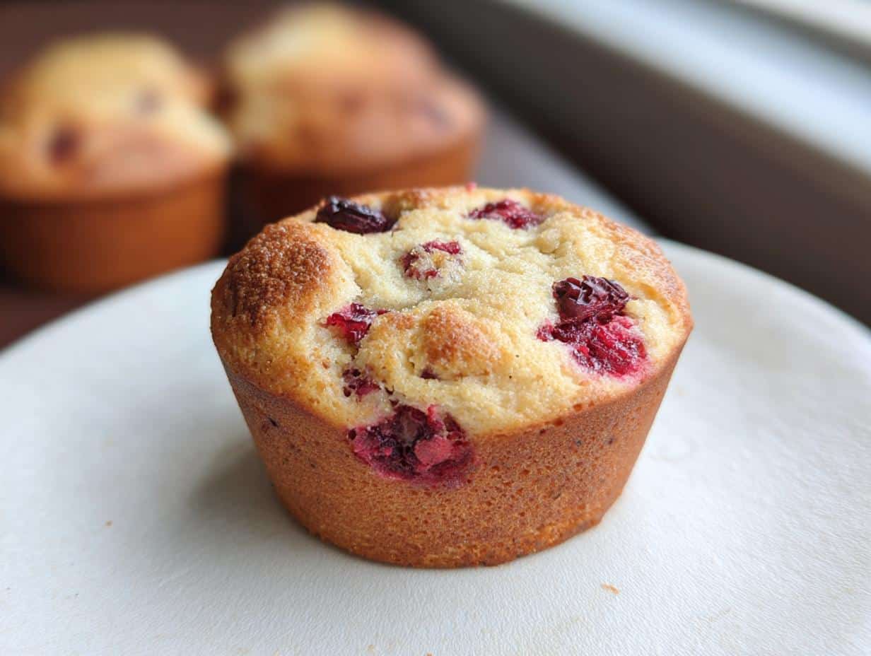 A close-up of a golden-brown Cottage Cheese Protein Muffin topped with visible pieces of bright red cranberries.