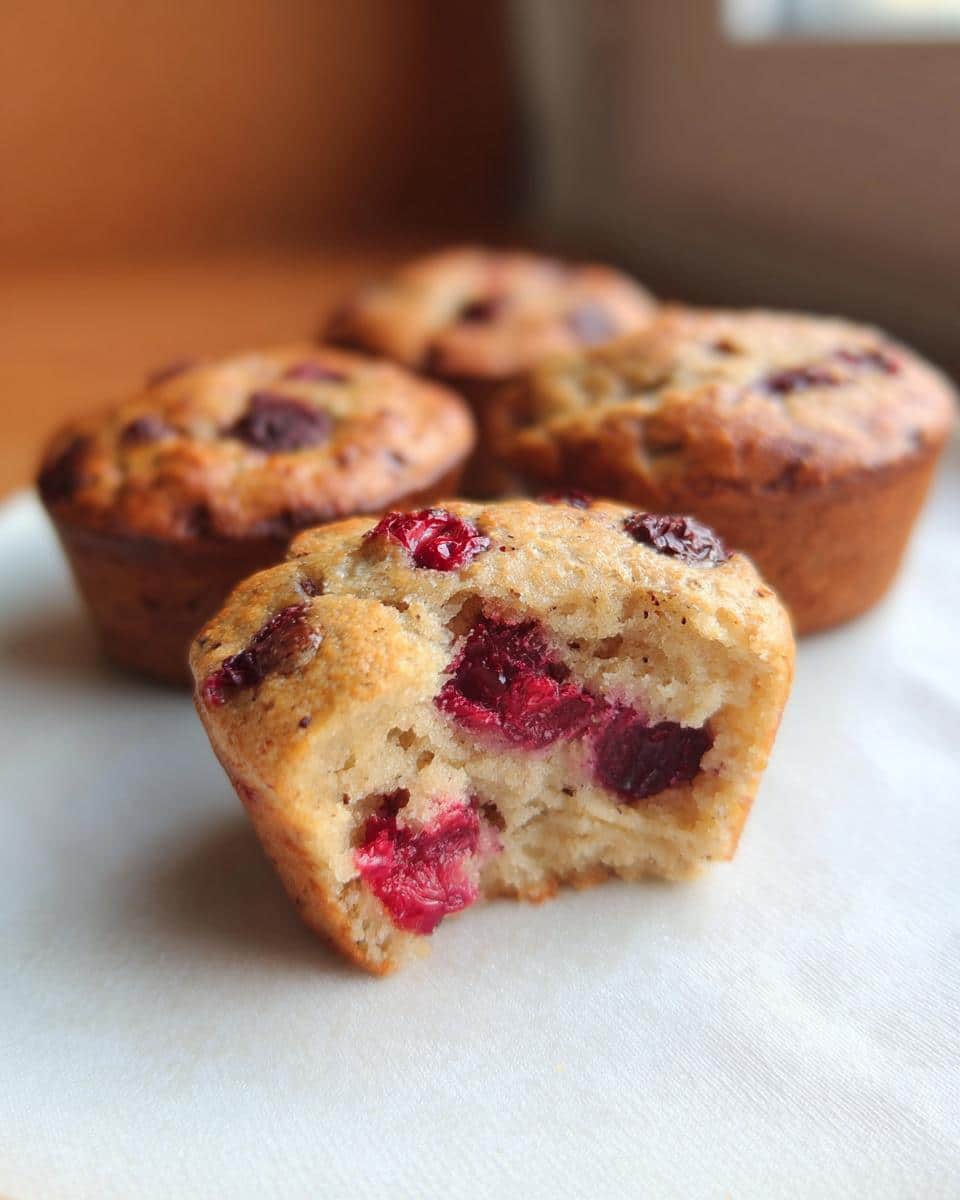 Close-up of a Cottage Cheese Protein Muffin with a bite taken out, showing bright red berries inside.