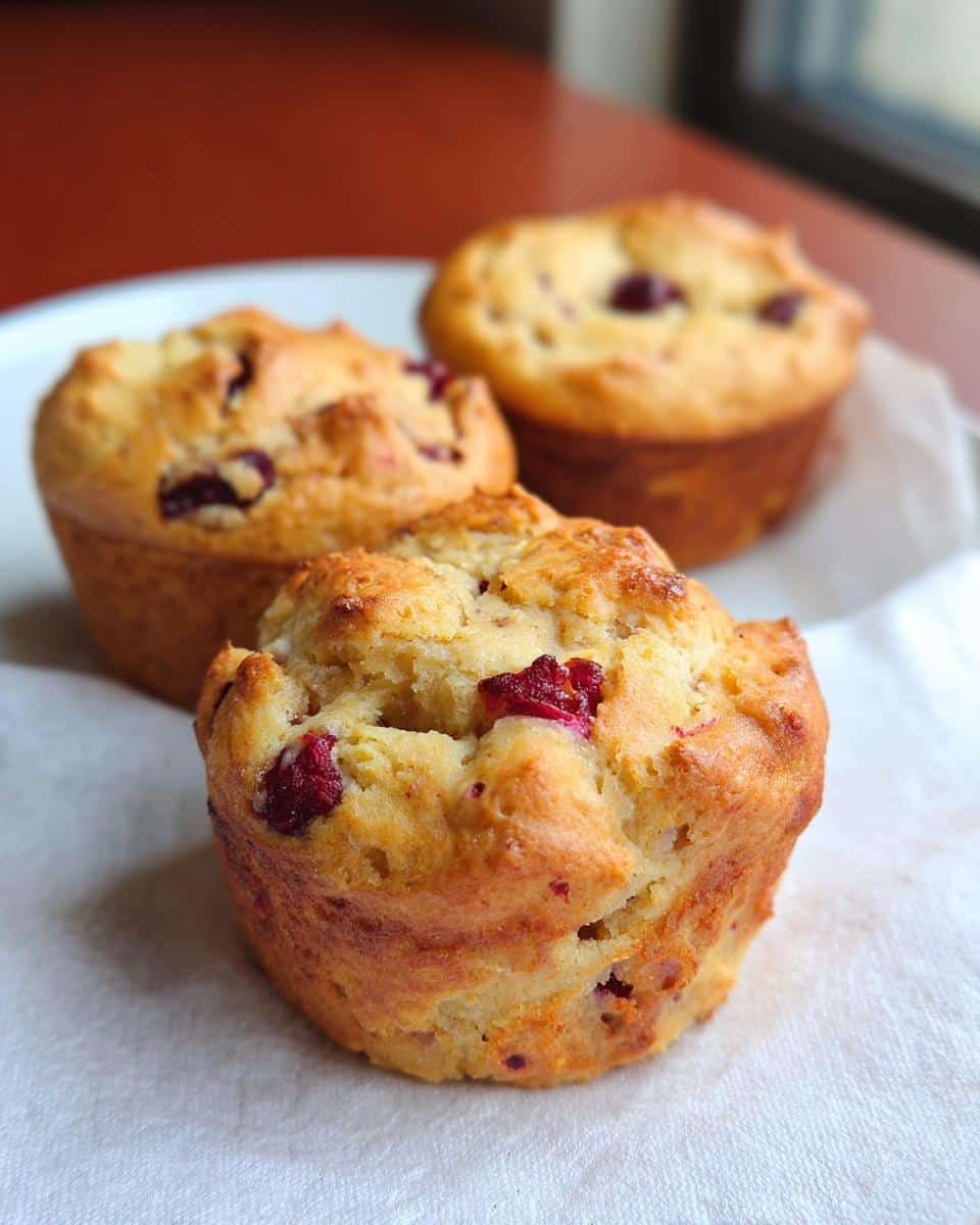 Three golden-brown Cottage Cheese Protein Muffins with visible cranberry pieces resting on a white napkin.