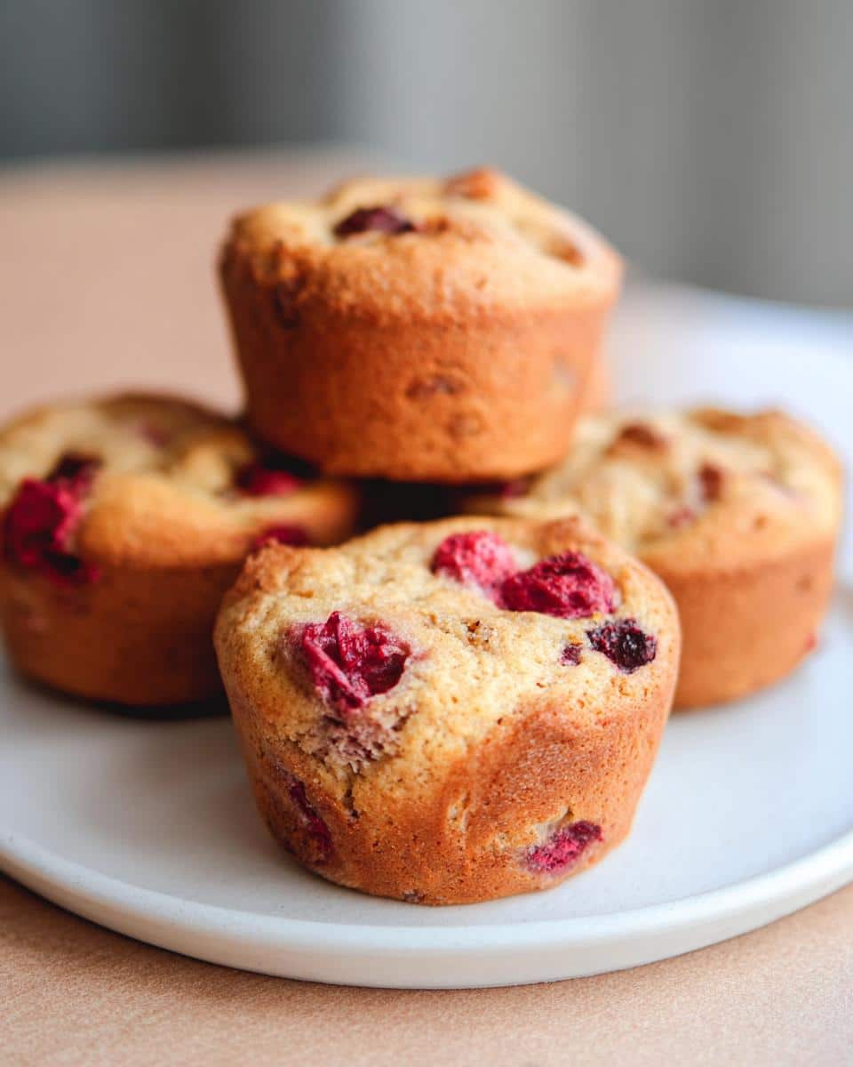 A close-up of several golden-brown Cottage Cheese Protein Muffins studded with bright red raspberries on a white plate.